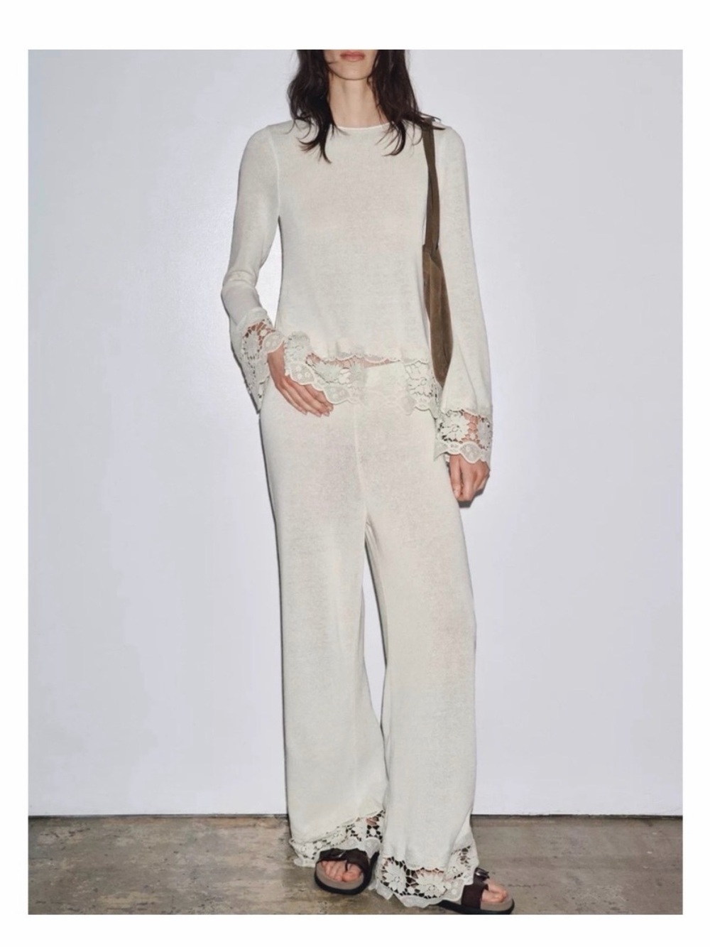 Zara NWT Ivory Lace Trim Knit Matching Set, Shirt and Pant, Large